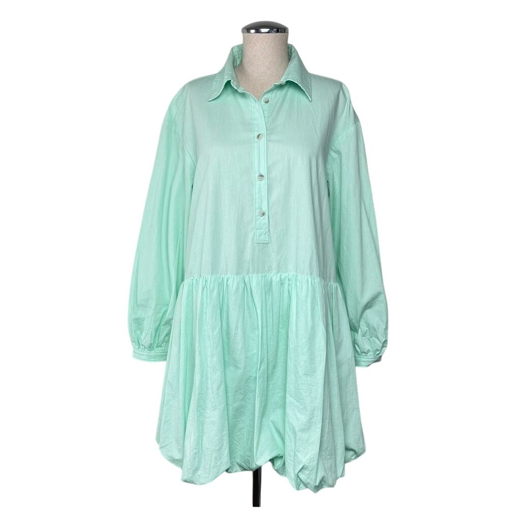 Anthropologie Maeve Bubble-Hem Shirt Dress Cotton Trapeze Seafoam Green S